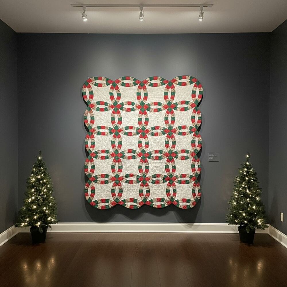 Vintage Handmade Double Wedding Ring Quilt-Wall Hanging-Christmas Throw-Holiday